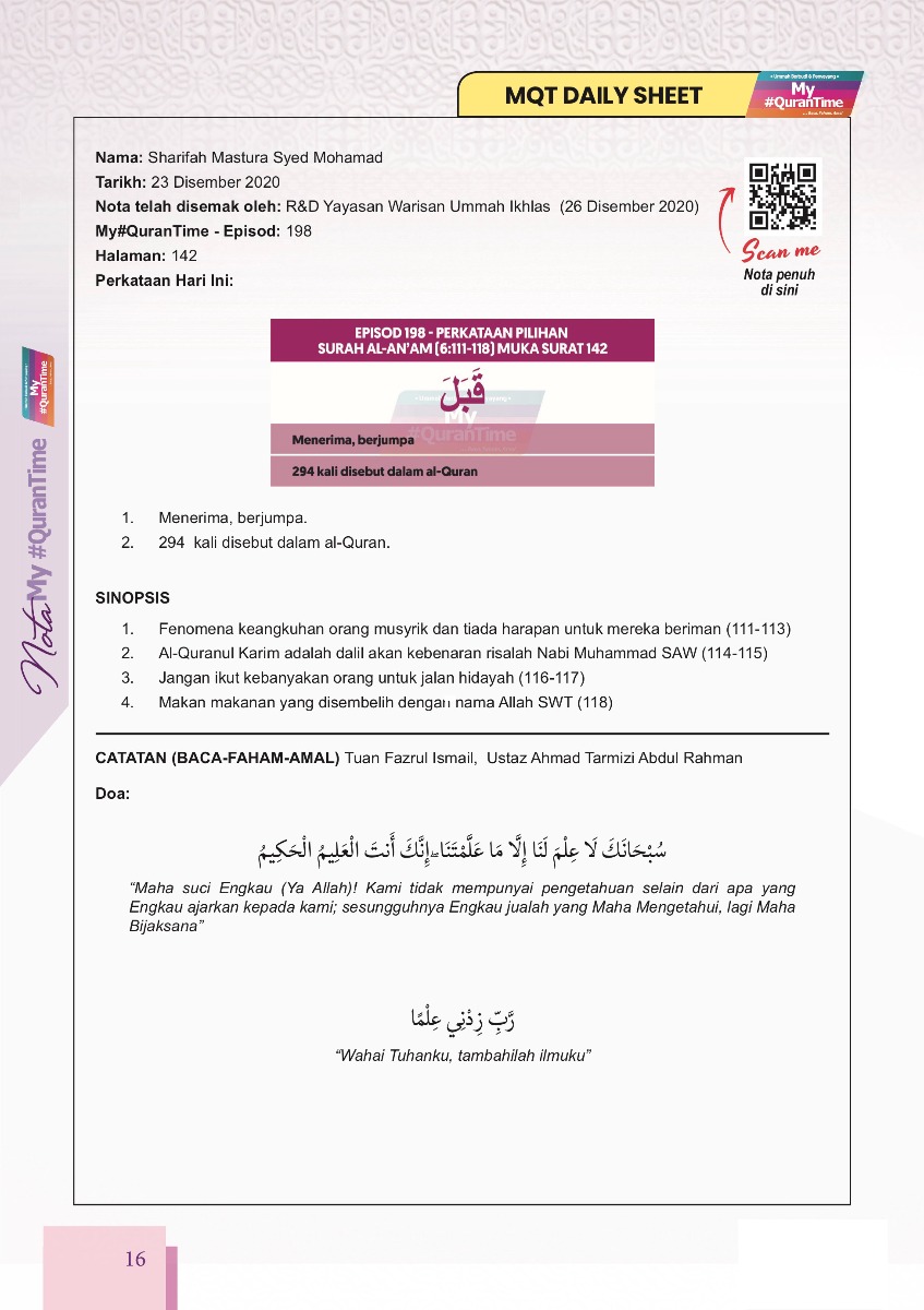 Nota My#QuranTime Juzuk 8