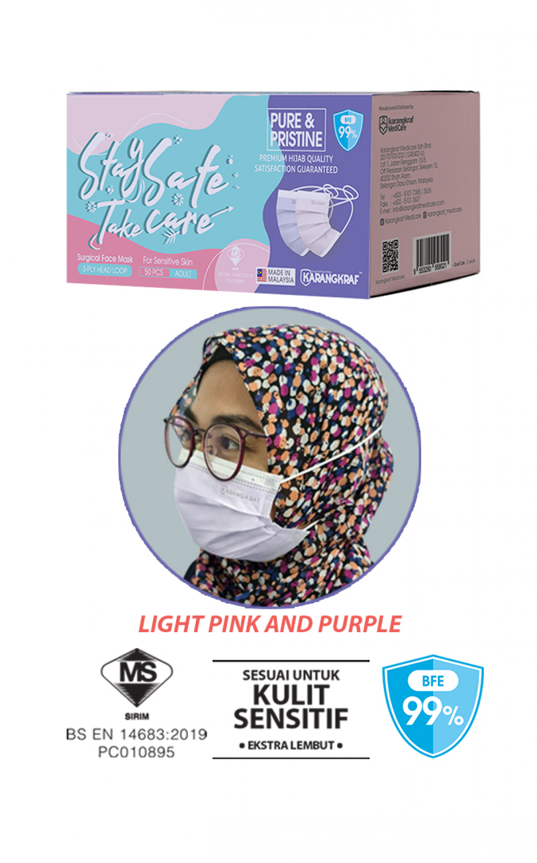 Surgical Face Mask Karangkraf Headloop [50 Helai] - Pink & Purpl